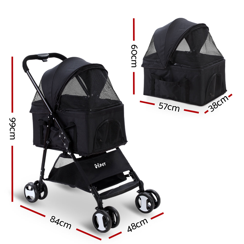 i.Pet - Pet Stroller Dog Pram Cat Carrier Travel Large Pushchair Foldable 4 Wheels Black