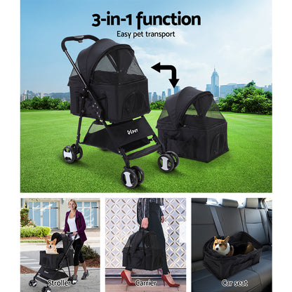 i.Pet - Pet Stroller Dog Pram Cat Carrier Travel Large Pushchair Foldable 4 Wheels Black