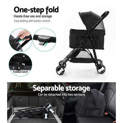 i.Pet - Pet Stroller Dog Pram Cat Carrier Travel Large Pushchair Foldable 4 Wheels Black