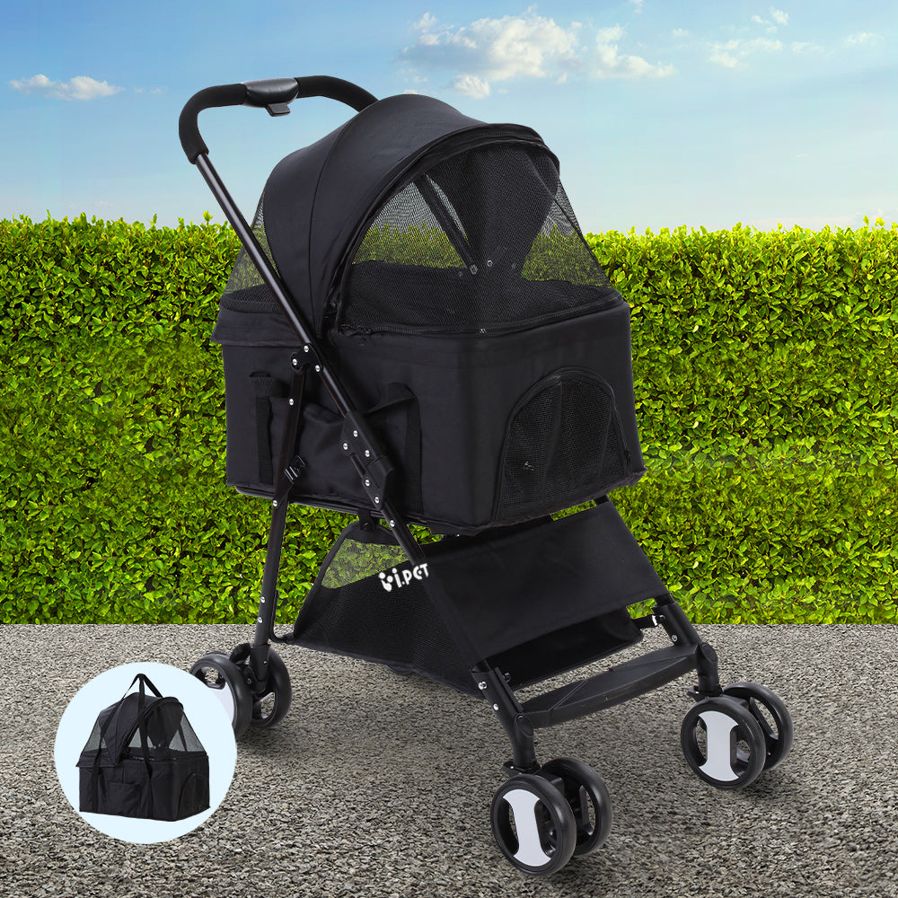 i.Pet - Pet Stroller Dog Pram Cat Carrier Travel Large Pushchair Foldable 4 Wheels Black