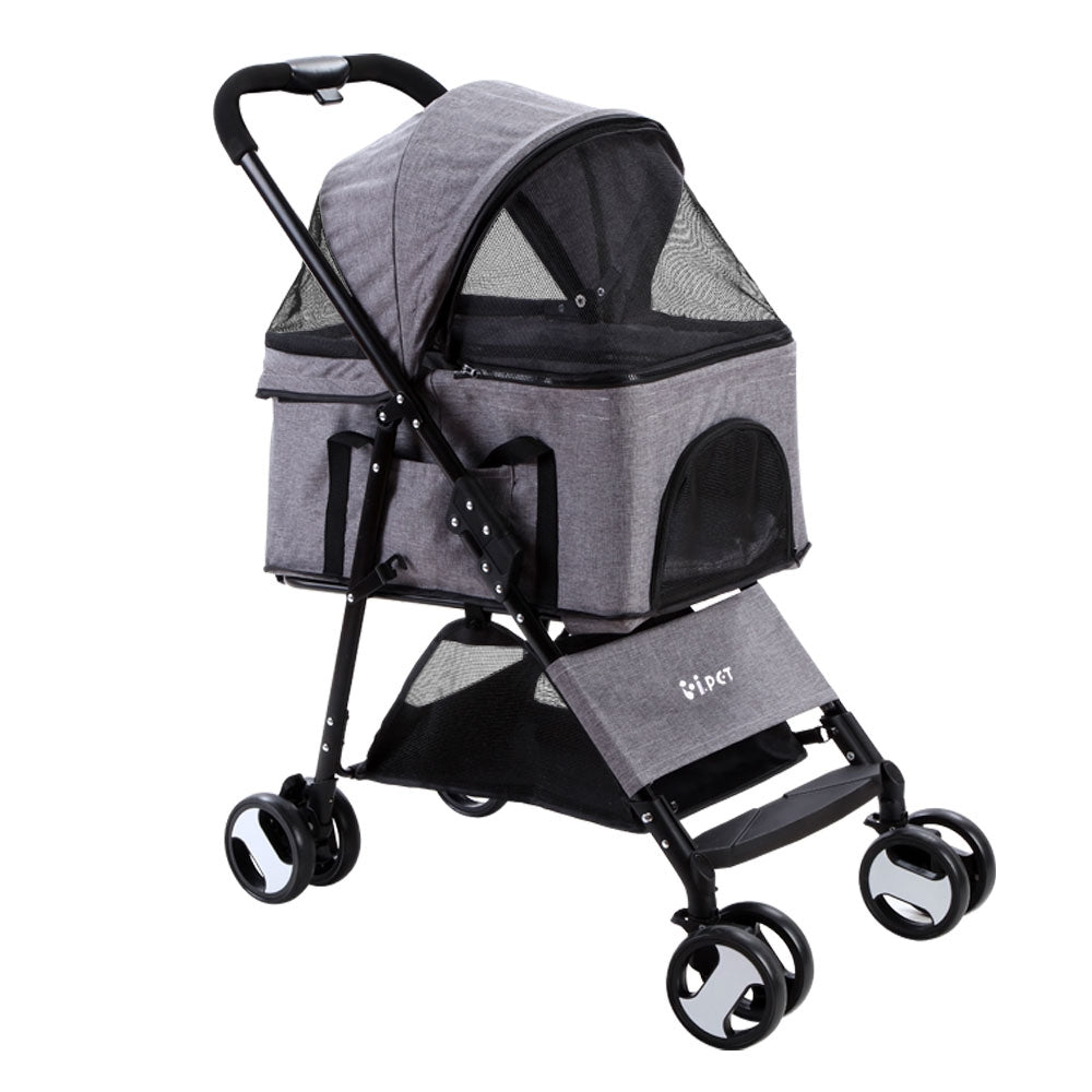 i.Pet - Pet Stroller Dog Pram Cat Carrier Travel Large Pushchair Foldable 4 Wheels Grey