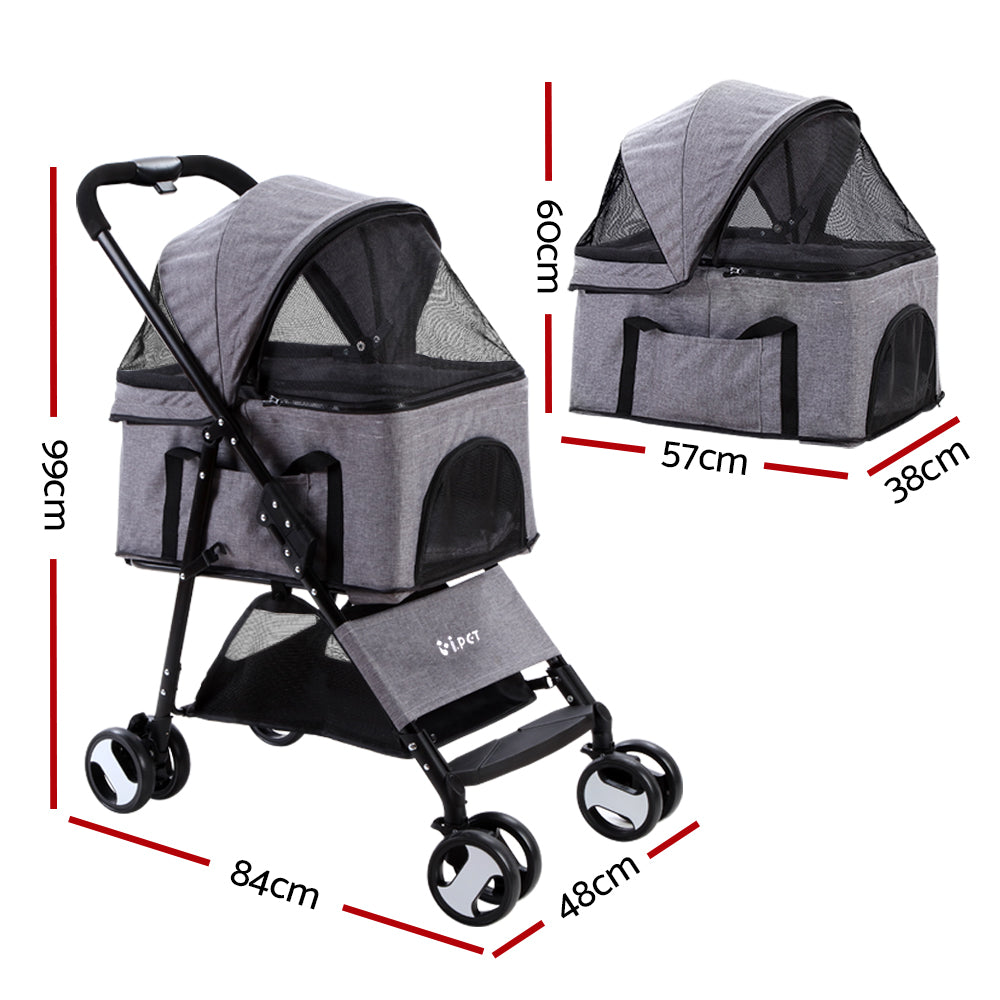 i.Pet - Pet Stroller Dog Pram Cat Carrier Travel Large Pushchair Foldable 4 Wheels Grey