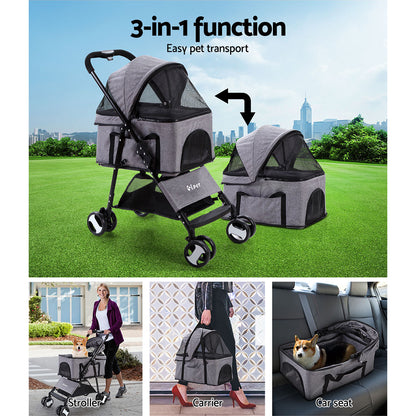 i.Pet - Pet Stroller Dog Pram Cat Carrier Travel Large Pushchair Foldable 4 Wheels Grey