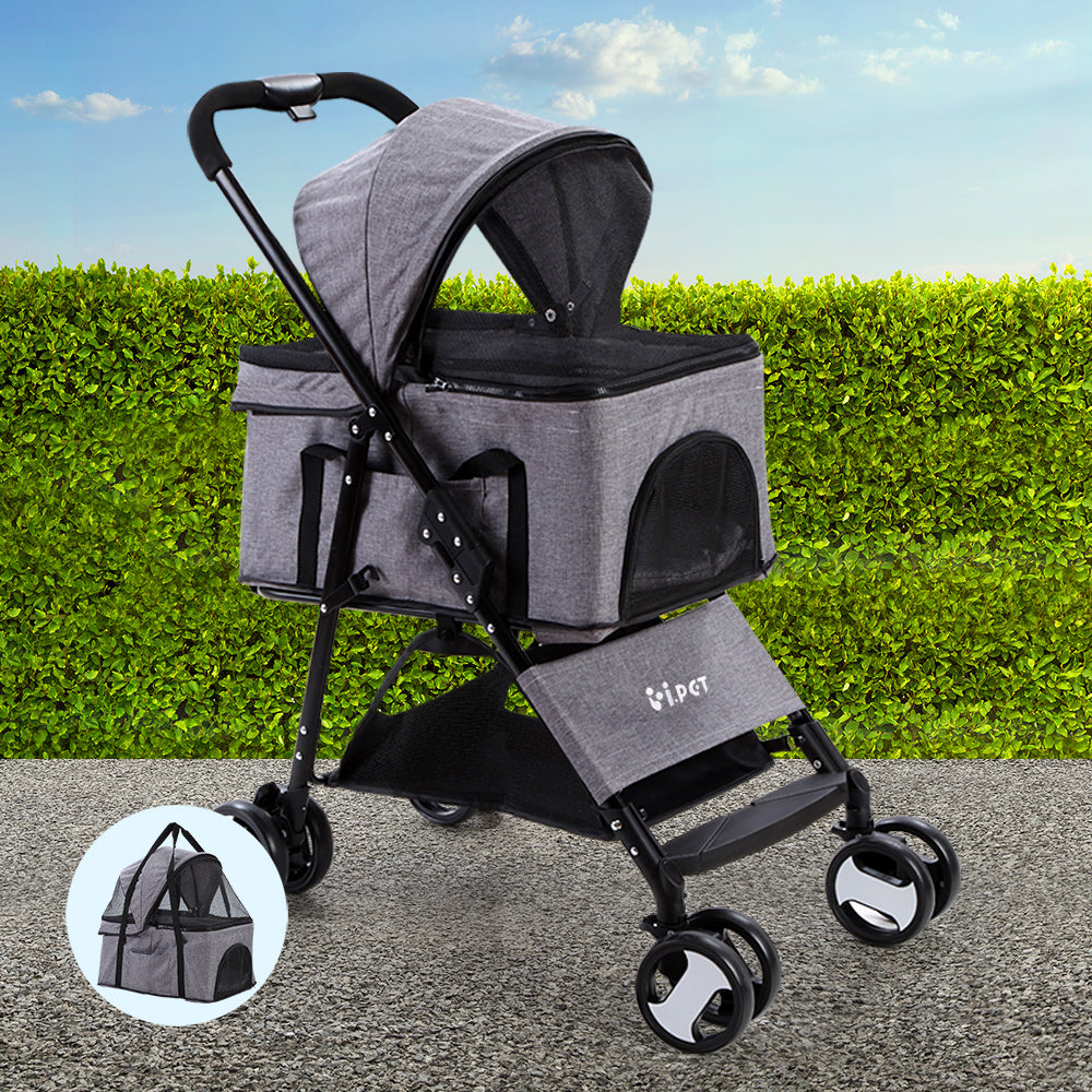 i.Pet - Pet Stroller Dog Pram Cat Carrier Travel Large Pushchair Foldable 4 Wheels Grey