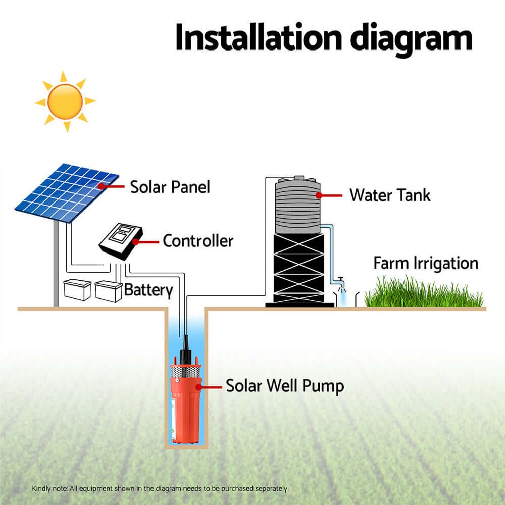 Giantz - Submersible Solar Water Pump 24V 70M Head Deep Well Bore Self-priming