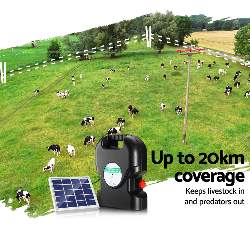 Giantz - Fence Energiser 20KM Solar Powered 1.2J Electric