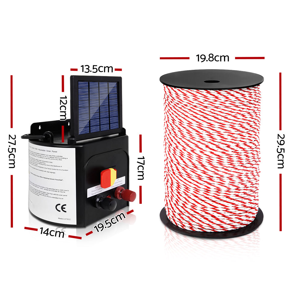 Giantz - Fence Energiser 5KM Solar Powered Electric with 500M Poly Rope