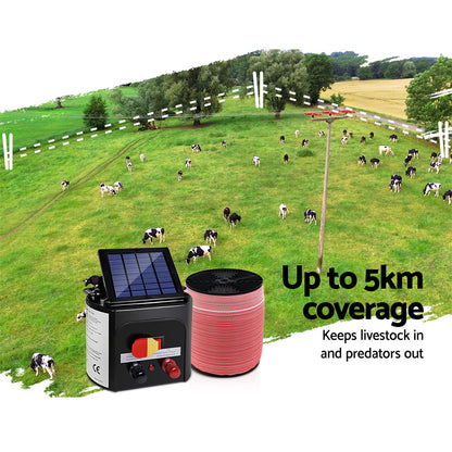 Giantz - Fence Energiser 5KM Solar Powered Electric with 1200M Poly Tape