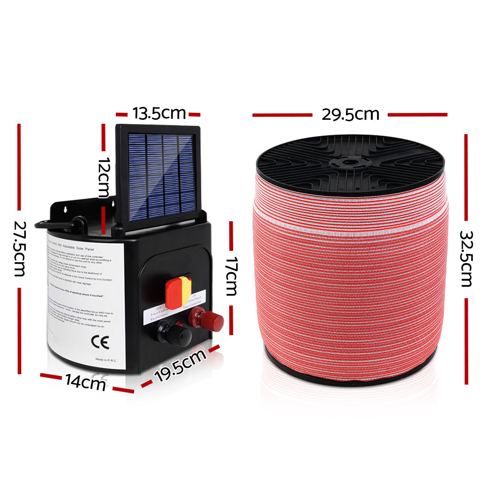 Giantz - Fence Energiser 5KM Solar Powered Electric with 2000M Poly Tape