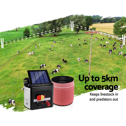 Giantz - Fence Energiser 5KM Solar Powered Electric with 2000M Poly Tape