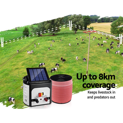 Giantz - Fence Energiser 8KM Solar Powered Electric 2000M Poly Tape