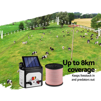 Giantz - Fence Energiser 8KM Solar Powered Electric with 400M Poly Tape and Insulators