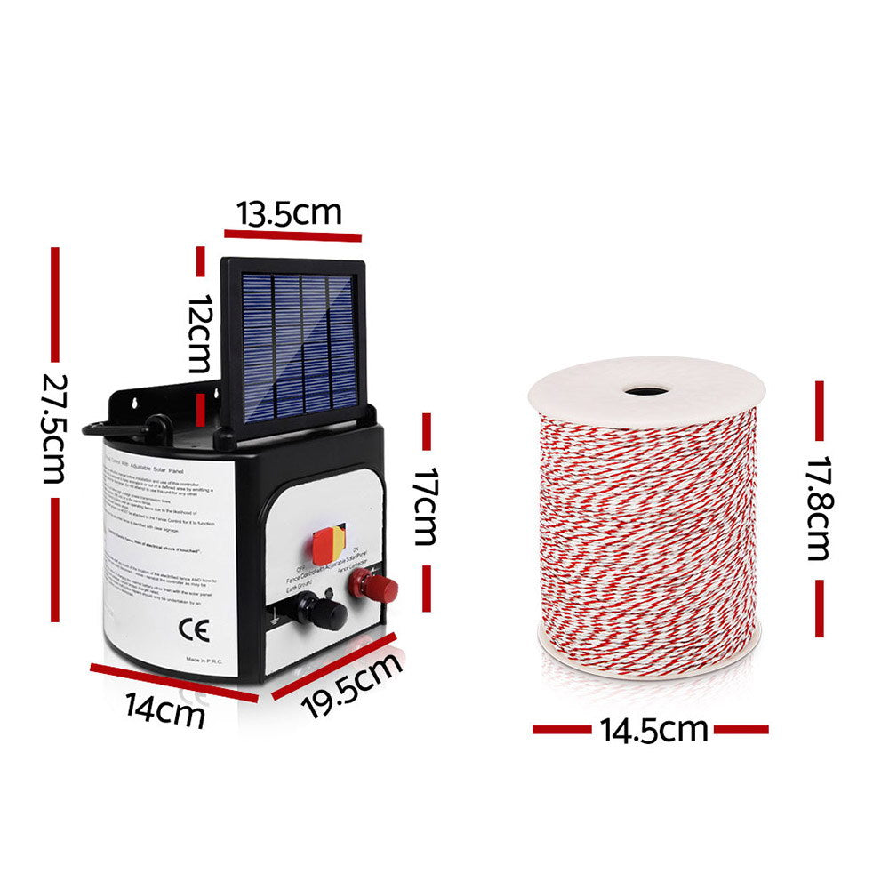 Giantz - Fence Energiser 8KM Solar Powered Electric with 500M Poly Wire and Insulators