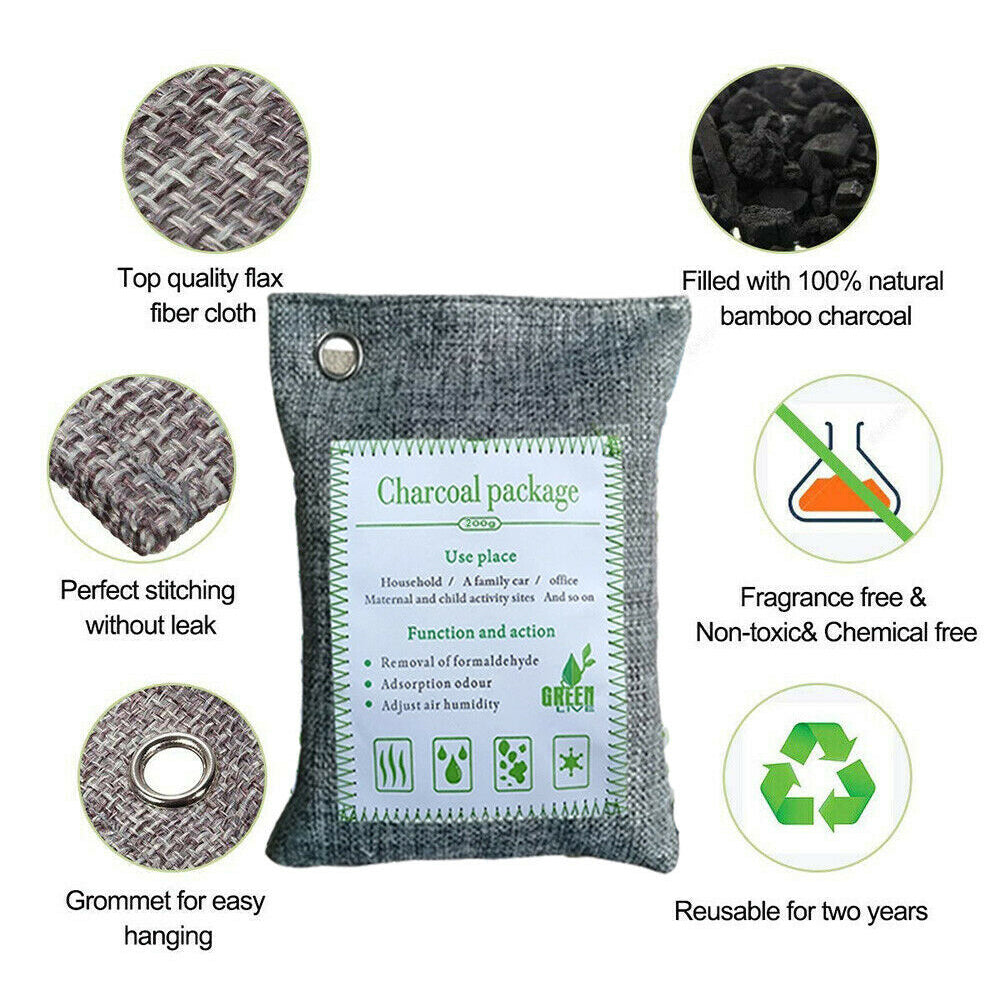 5PCS Activated Bamboo Charcoal Air Purifying Bags – 200g, Eco-Friendly Fresheners for Car, Home, Shoes, and Pet Areas