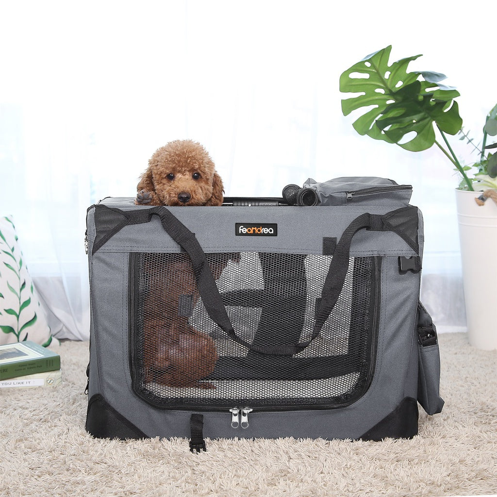 FEANDREA - Dog Kennel Transport Box Folding Fabric Pet Carrier 60cm - Grey