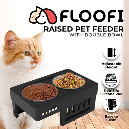 Floofi - Elevated Raised Pet Feeder with Double Bowl - Black