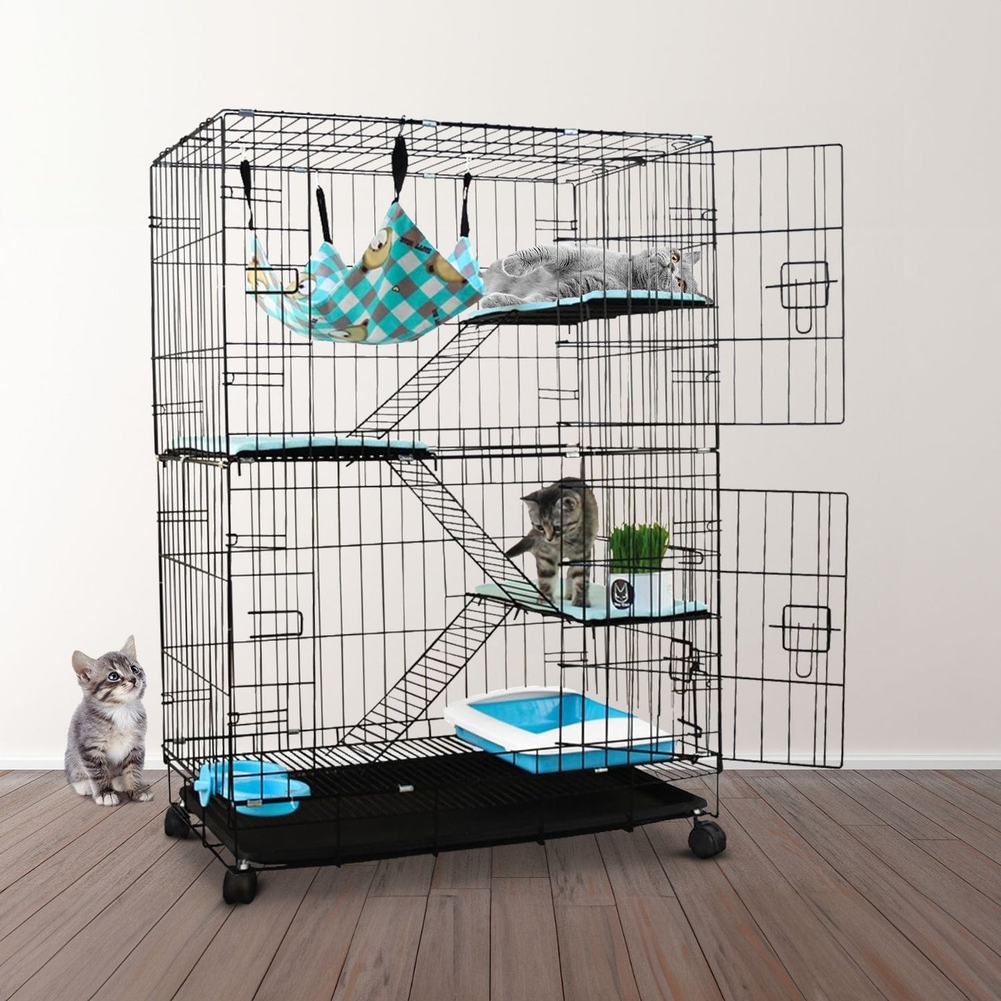 Floofi - Three-Level Pet Rabbit Bird Cage with Hammock - Black