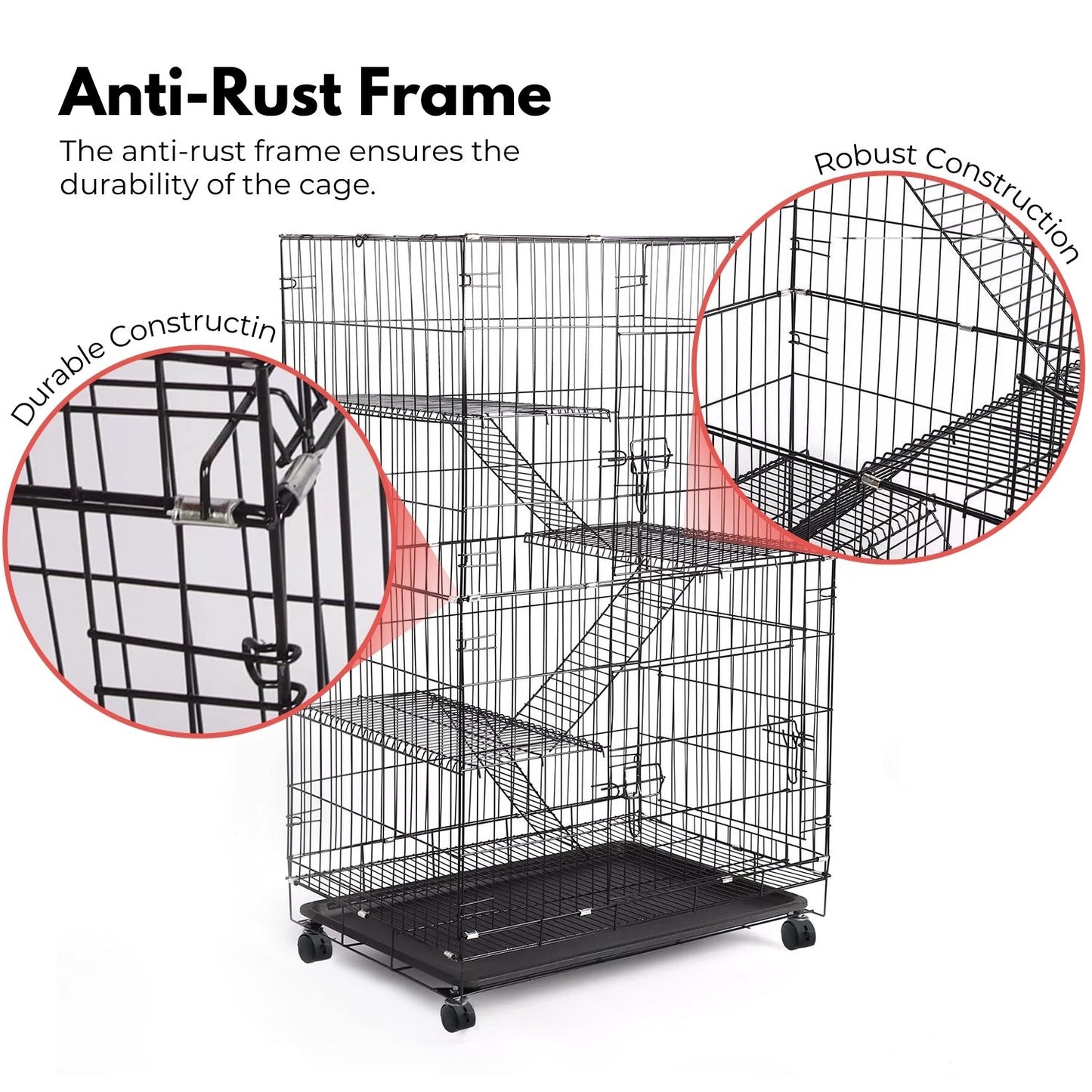 Floofi - Three-Level Pet Rabbit Bird Cage with Hammock - Black