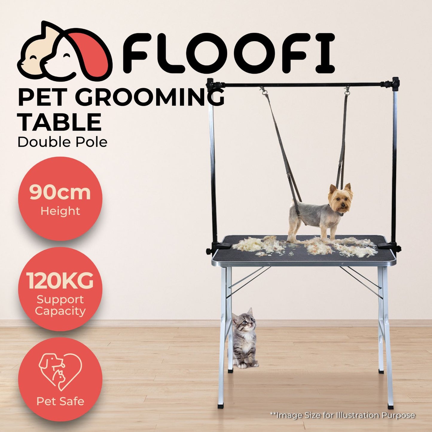 Floofi - Pet Grooming Table 90cm Double Pole - Black