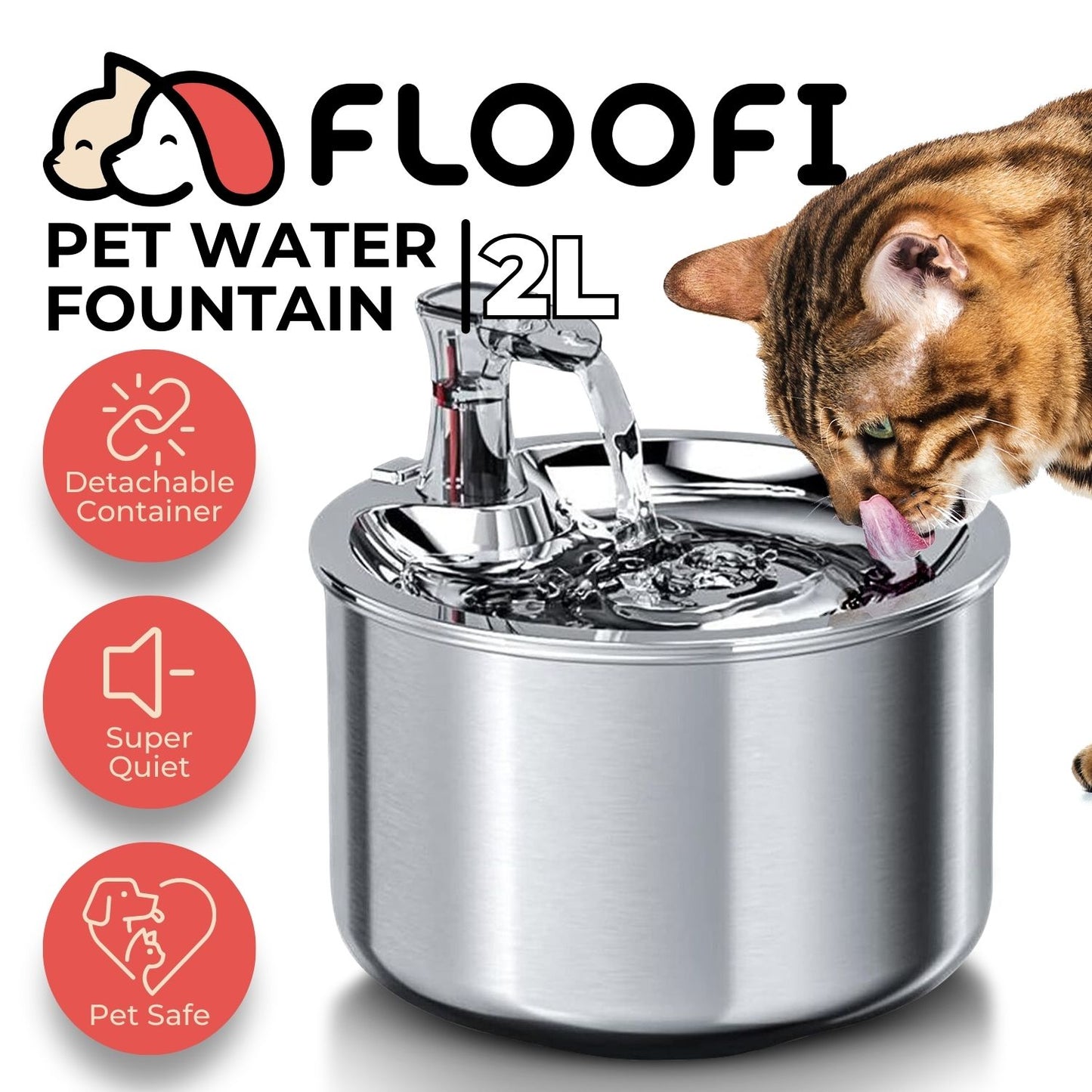 Floofi - 2L Stainless Steel Pet Water Fountain for Cats and Small Dogs