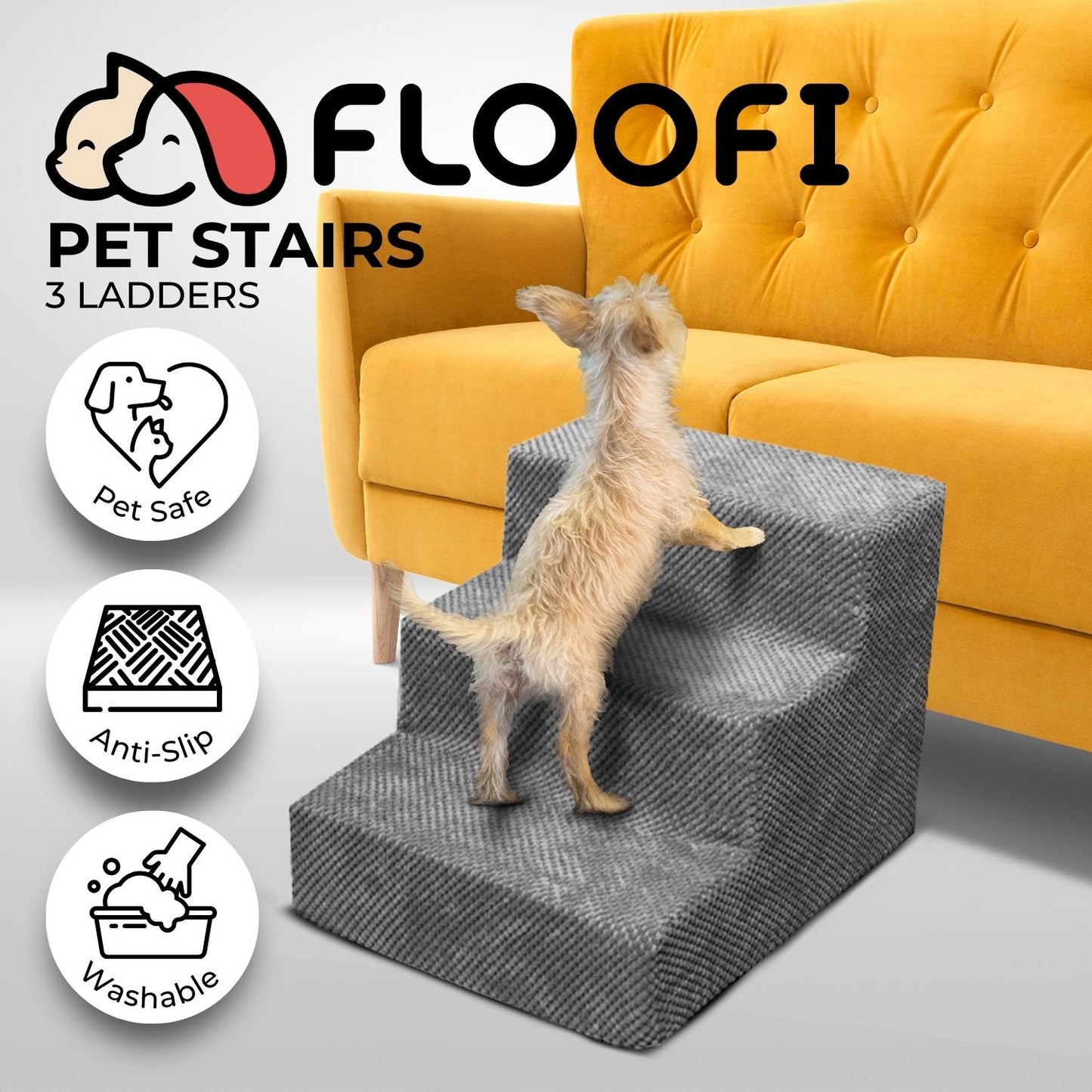 Floofi - 3-Step Detachable Memory Foam Pet Stairs with Removable Washable Cover - Grey