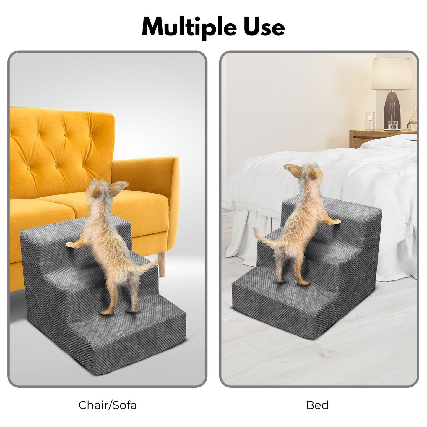 Floofi - 3-Step Detachable Memory Foam Pet Stairs with Removable Washable Cover - Grey