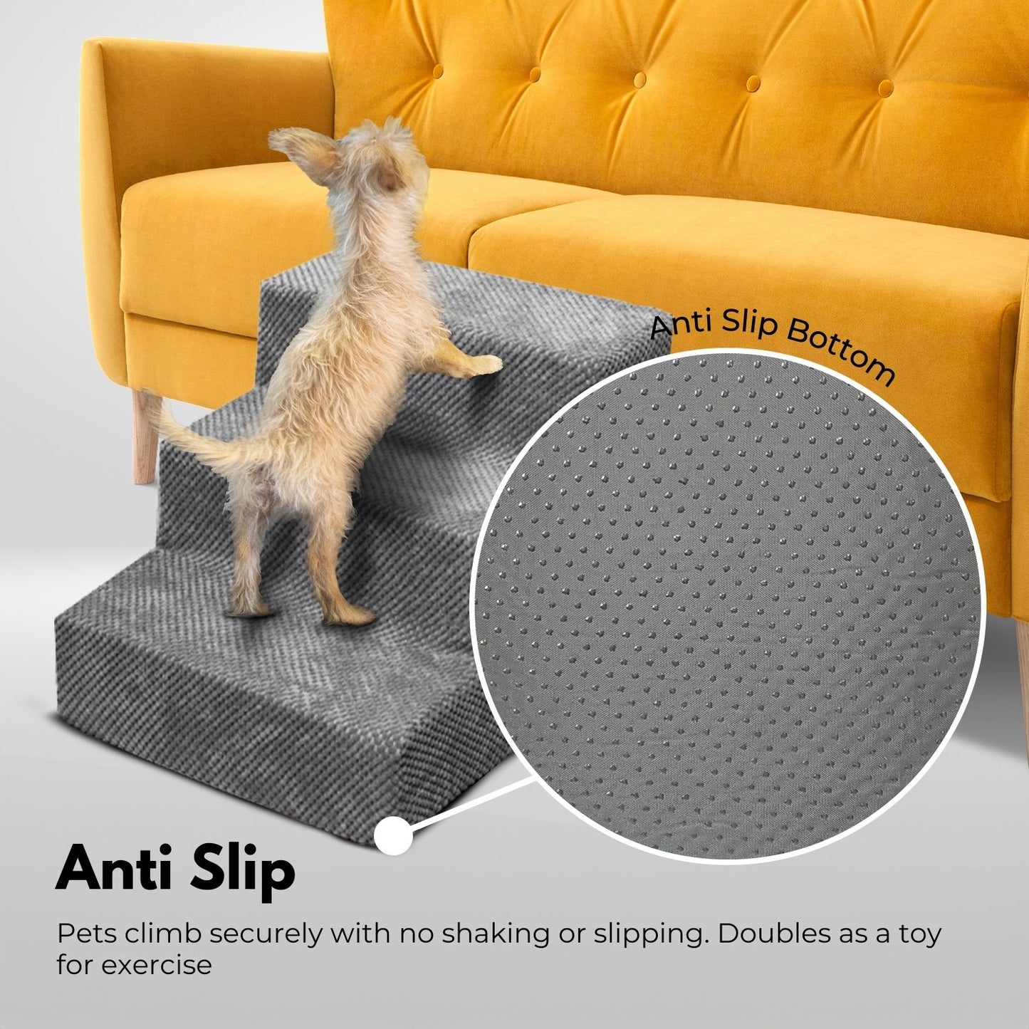 Floofi - 3-Step Detachable Memory Foam Pet Stairs with Removable Washable Cover - Grey