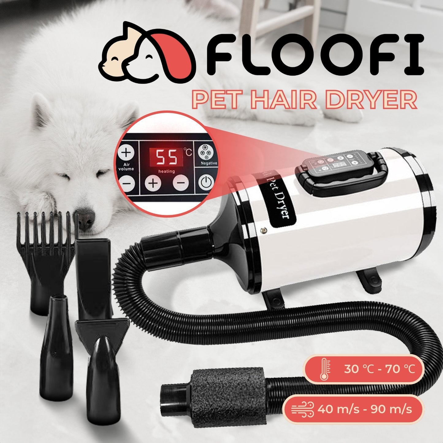 Floofi - Pet Hair Dryer LCD - White