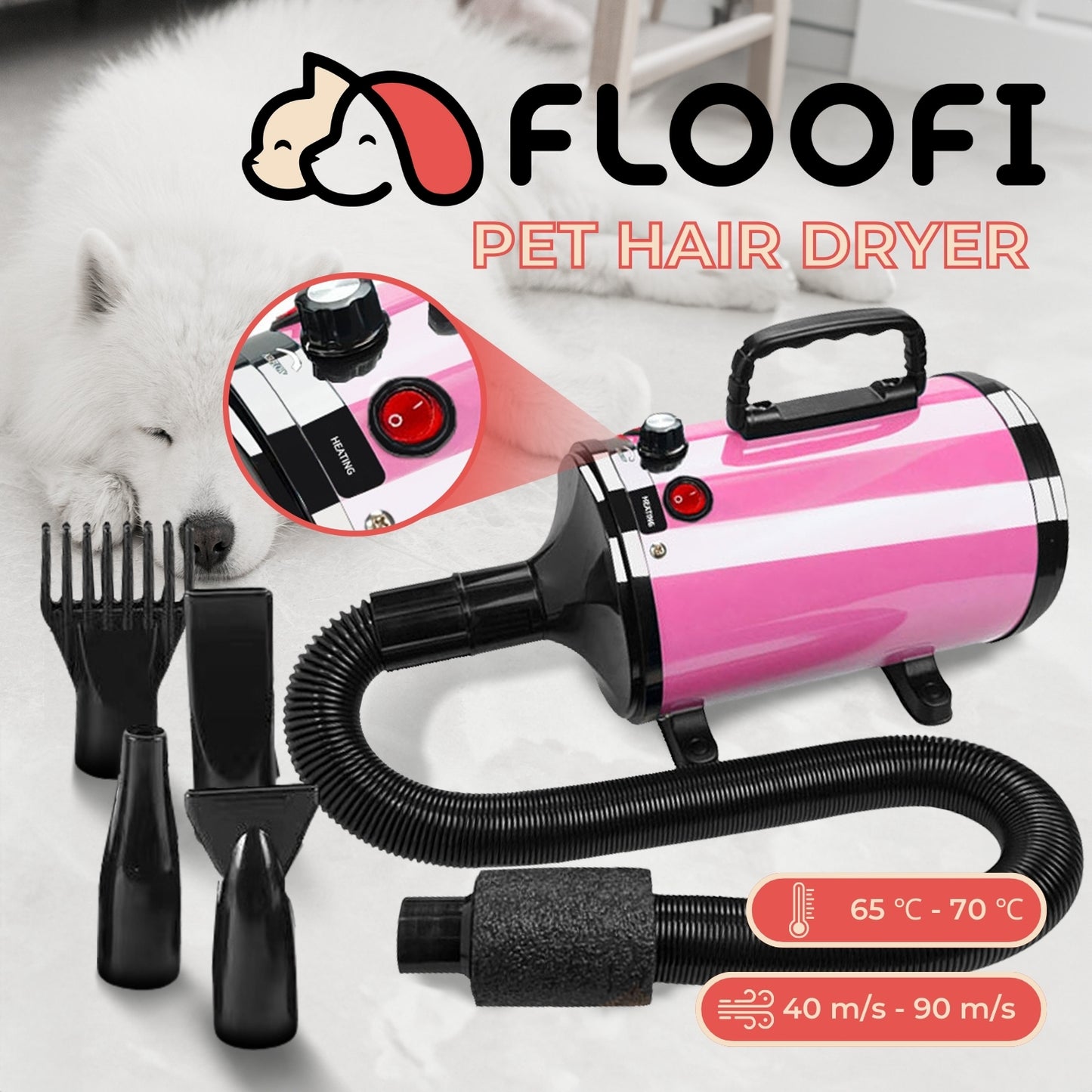 Floofi - Pet Hair Dryer Advance Button Version - Pink