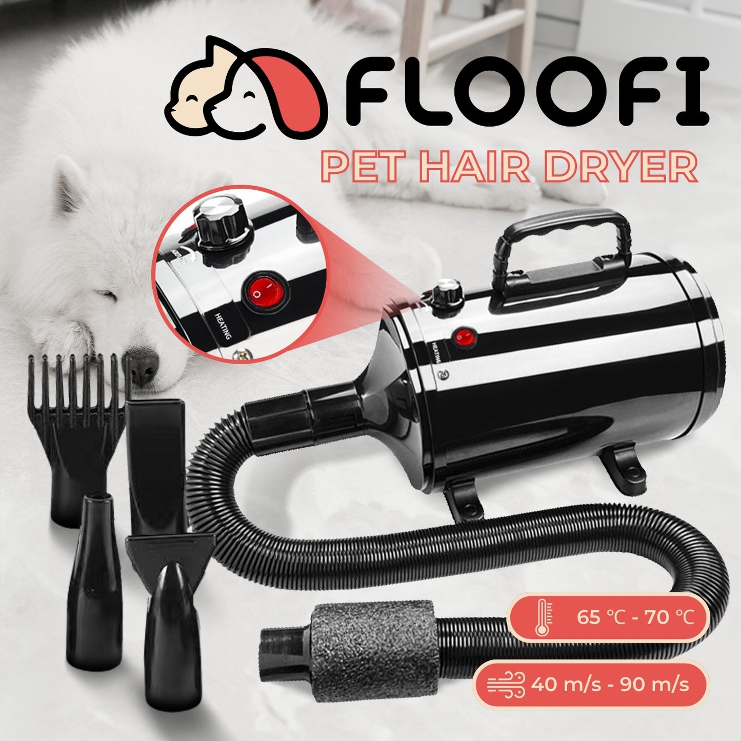 Floofi - Pet Hair Dryer Advance Button Version - Black