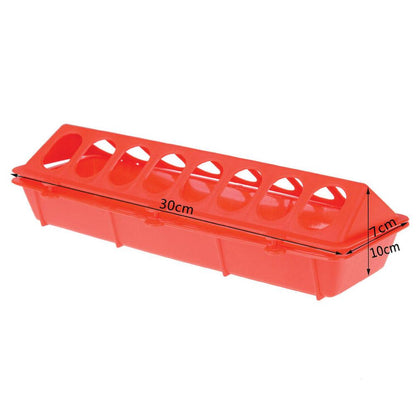 30cm Long Poultry Feeder Feeding Trough - Red Plastic Flip Top Container for Chickens and Chicks