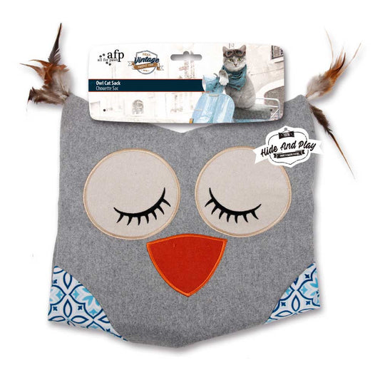 All For Paws - Cat Sack Crinkle Toys - Grey Owl + Hide Play Bag Teaser Vintage All For Paws