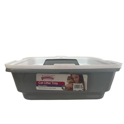 Cat Litter Tray Plastic 48x38.5x12cm Non Spill Mess Guard Rim Grey White Kitty Pan