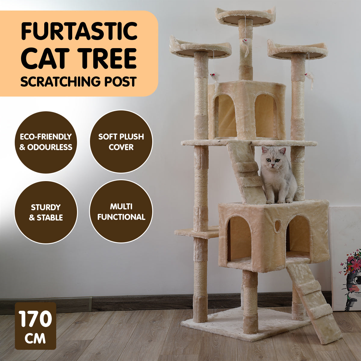 Furtastic - 170cm Cat Tree Scratching Post - Beige