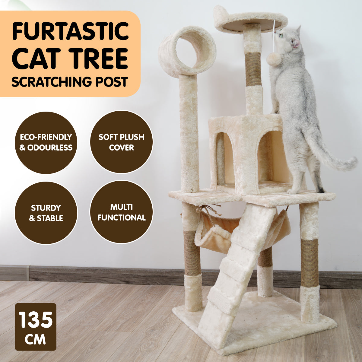 Furtastic - 135cm Cat Tree Scratching Post - Beige