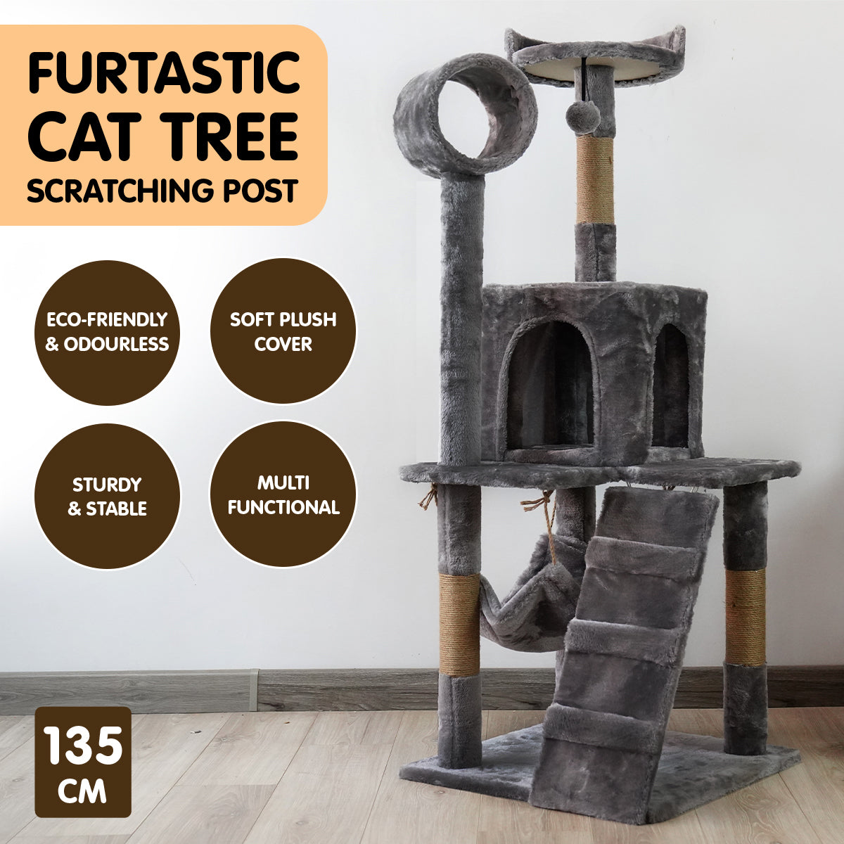 Furtastic - 135cm Cat Tree Scratching Post - Dark Grey