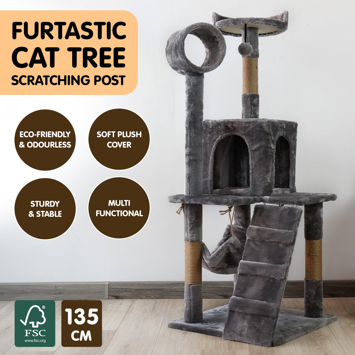 Furtastic - 135cm Cat Tree Scratching Post - Dark Grey