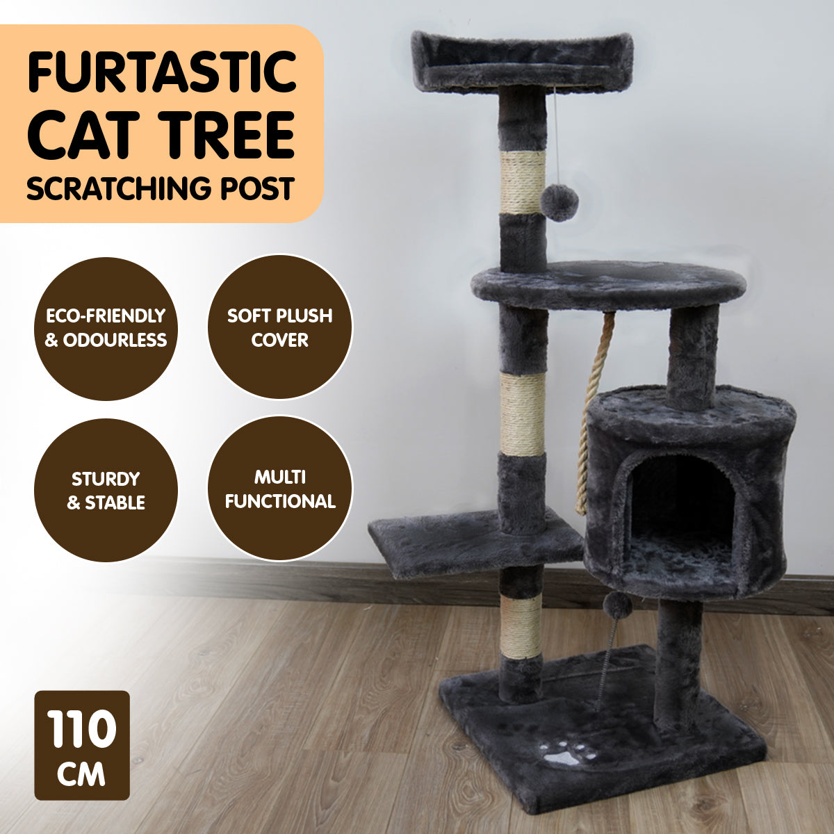 Furtastic - 110cm Cat Tree Scratching Post - Dark Grey