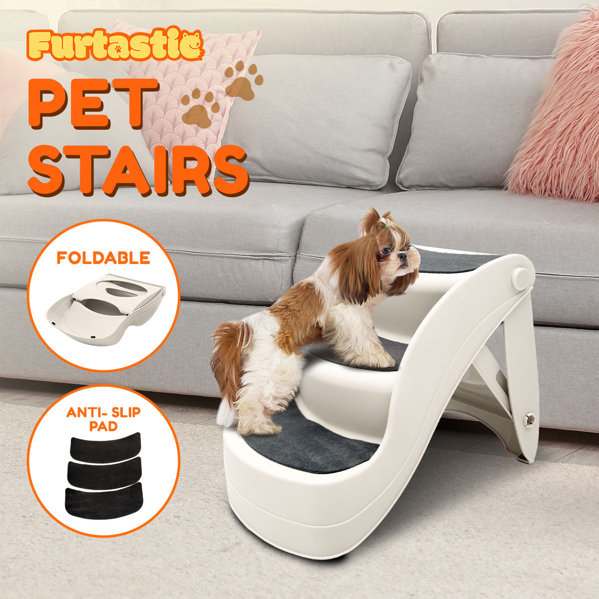 Furtastic - 38cm Foldable Pet Stairs Ramp - White