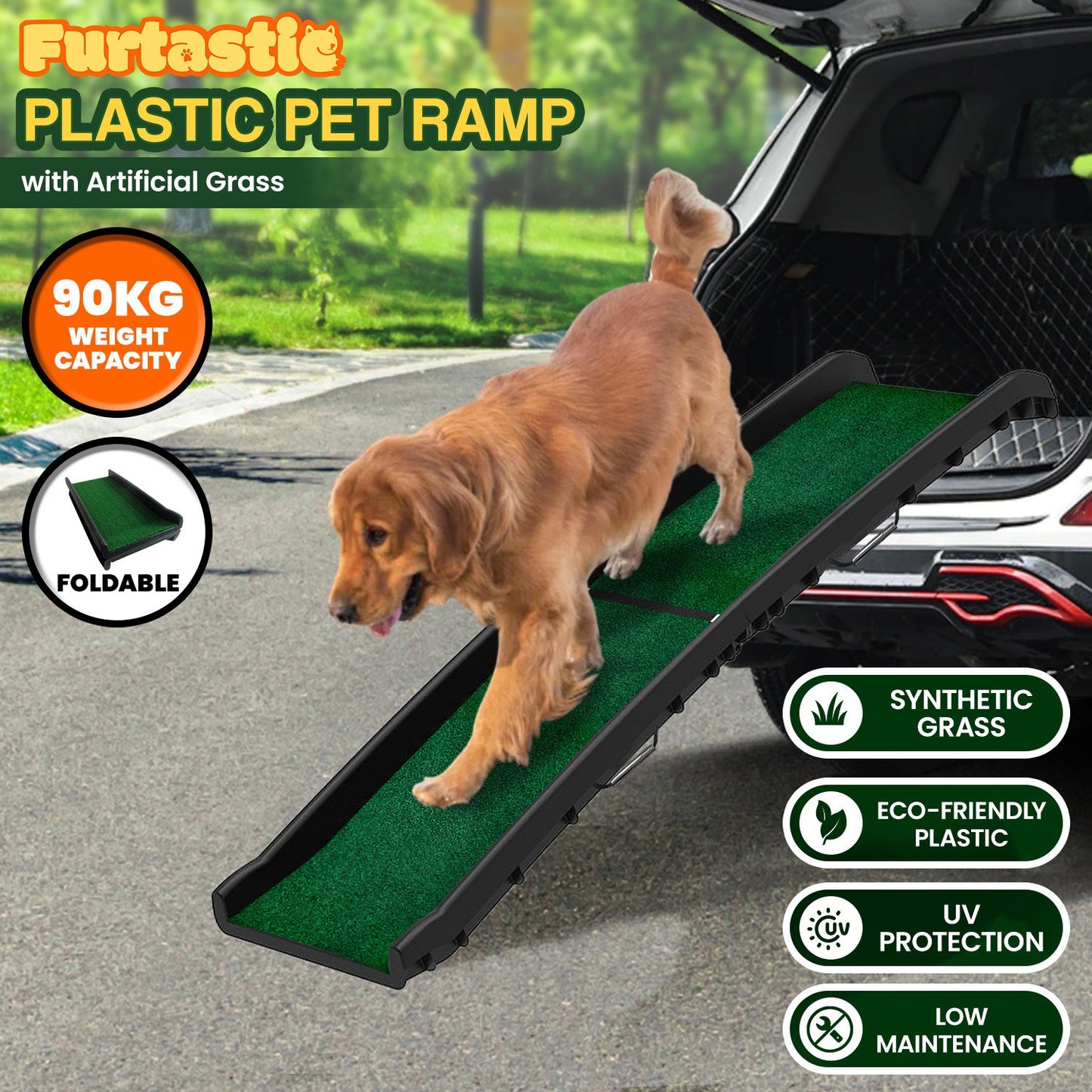 Furtastic - Foldable Plastic Dog Ramp with Synthetic Grass