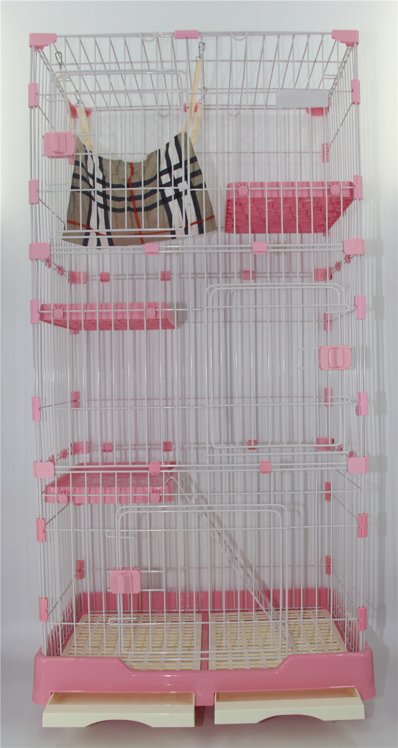 146 cm Pink Pet 4-Level Cat Cage House with Litter Tray & Wheels