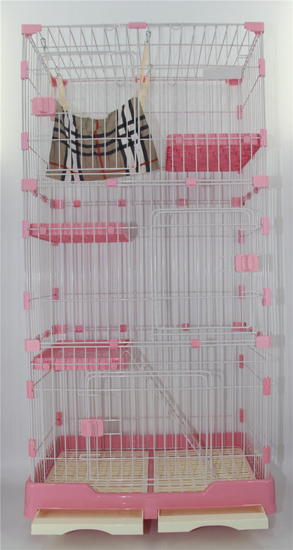 146 cm Pink Pet 4-Level Cat Cage House with Litter Tray & Wheels