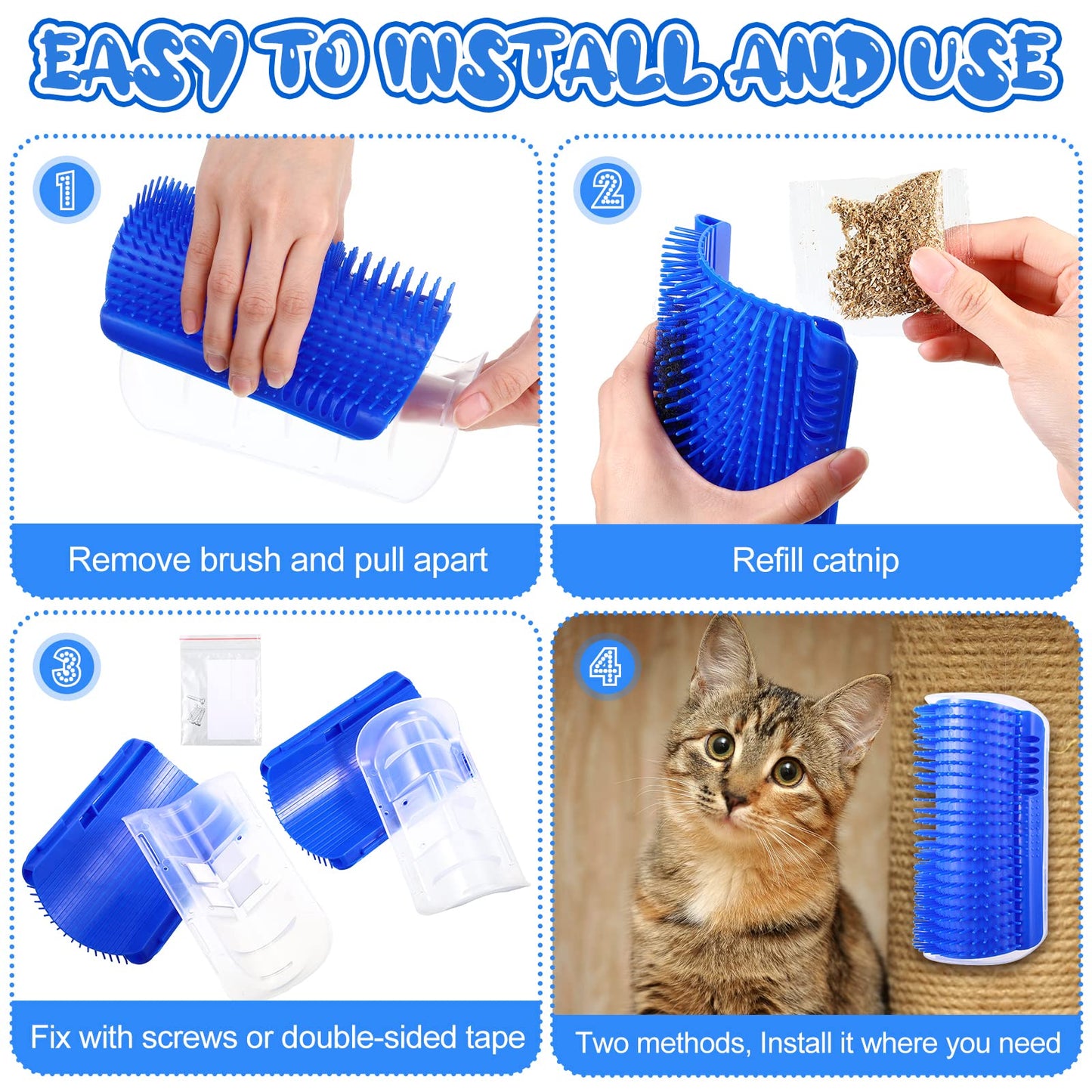 Cat Self Groomer Catnip  Dog Cat Toy Corner Groomer Wall Corner Scratcher Comb Grooming Massage Brush - Blue