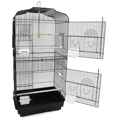 92cm Large Portable Wire Bird Cage Parrot Cage with Wooden Stand Pole and Feeding Cup - Black