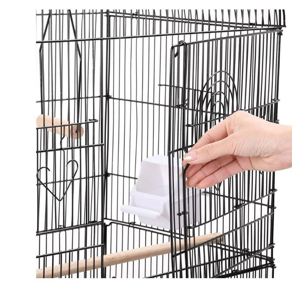 92cm Large Portable Wire Bird Cage Parrot Cage with Wooden Stand Pole and Feeding Cup - Black