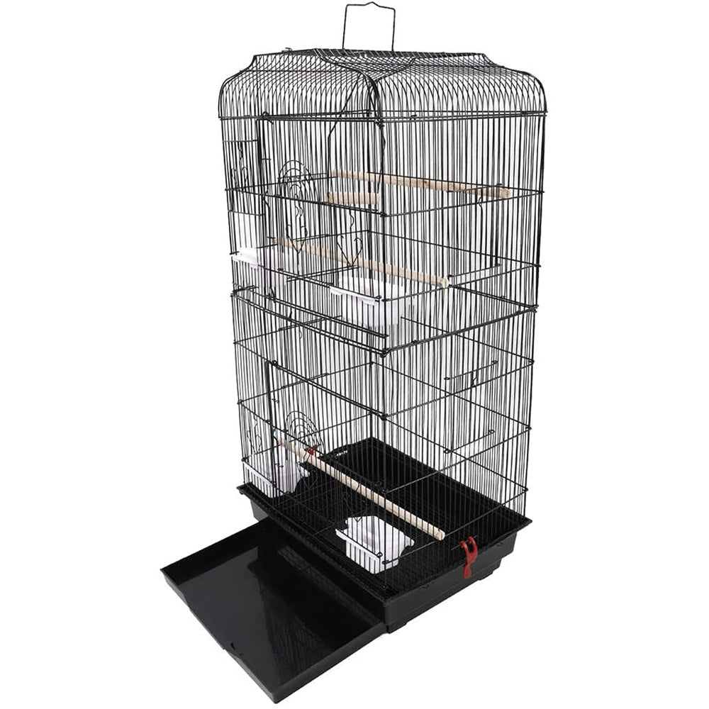 92cm Large Portable Wire Bird Cage Parrot Cage with Wooden Stand Pole and Feeding Cup - Black