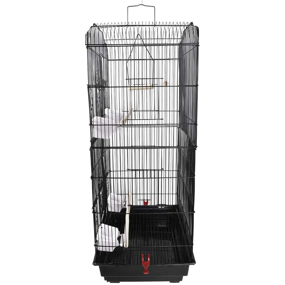 92cm Large Portable Wire Bird Cage Parrot Cage with Wooden Stand Pole and Feeding Cup - Black