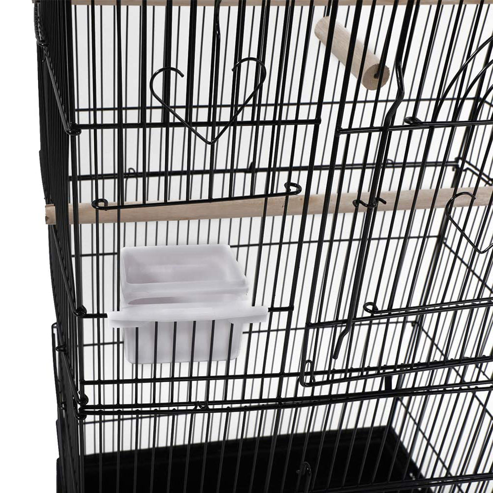 92cm Large Portable Wire Bird Cage Parrot Cage with Wooden Stand Pole and Feeding Cup - Black