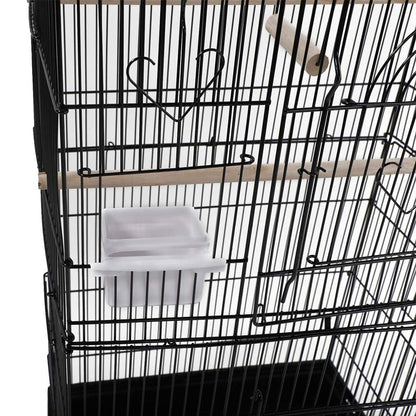 92cm Large Portable Wire Bird Cage Parrot Cage with Wooden Stand Pole and Feeding Cup - Black