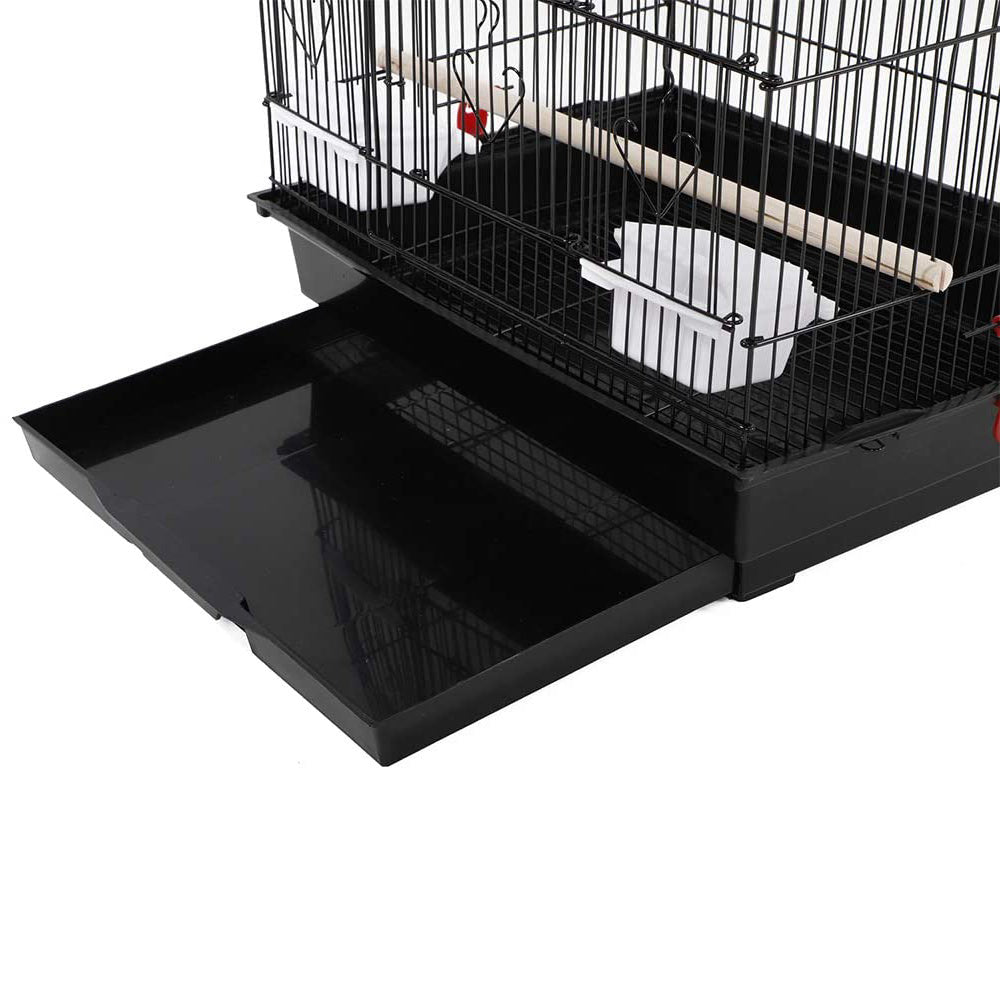 92cm Large Portable Wire Bird Cage Parrot Cage with Wooden Stand Pole and Feeding Cup - Black